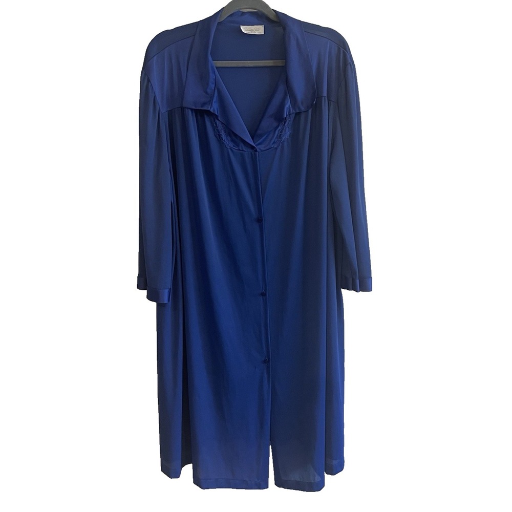 Vintage VANITY FAIR Nightgown Lingerie Blue Embroidered Size 3X Button & Pocket
